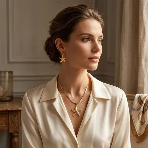 Set di Collana e Orecchini a Forma di Stella Marina e Conchiglia in Acciaio Inossidabile Oro Stile Resort Occidentale Catena a Serpente