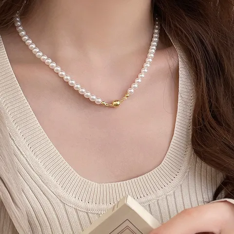 Elegante Collar de Perlas Artificiales con Cierre Magnético de Plata 925 Gargantilla de Cuentas Redondas para Mujer Joyería de Lujo Regalo