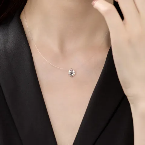 Collar de Colgante de Plata de Ley 925 Moissanita Mujeres Hilo Invisible Circonia Perla Artificial Cadena Joyería