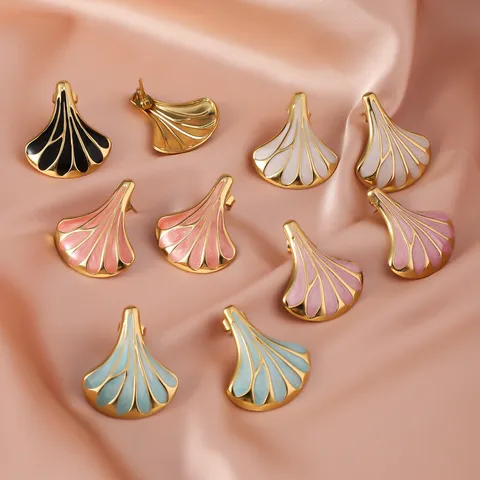 Orecchini a Bottone a Ventaglio di Lusso Leggero con Gocciolamento d'Olio Placcato Oro 18K Perno in Acciaio Inossidabile Gioielli alla Moda per Donne