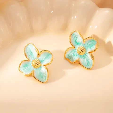 Orecchini a Bottone con Fiore a Quattro Petali in Smalto Vintage Francese Donna Lusso Leggero Design di Nicchia Gioielli in Lega