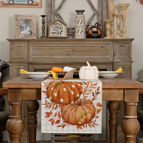 Polyester Table Runner Pumpkin Maple Leaf Printed Thanksgiving Party Dinner Table Kitchen Decor Festive Dining Cover