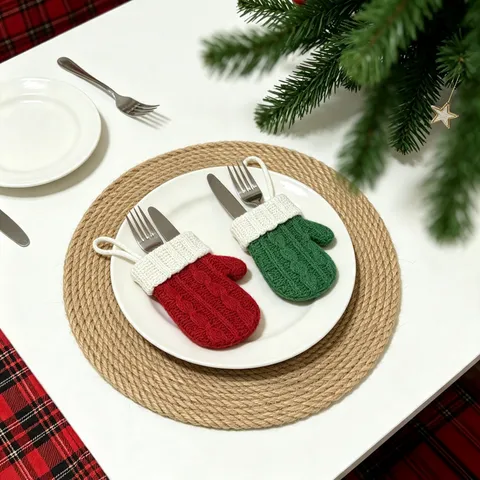 Christmas Cable Knit Mini Mitten Cutlery Holders Western Fabric Hanging Ornaments Festival Dinner Tableware Decoration For Party Home Decor