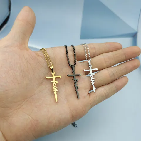 Collana Con Ciondolo a Croce Lettera Faith in Acciaio Inossidabile Gioielli Religiosi Cristiani di Moda Per Donna Uomo