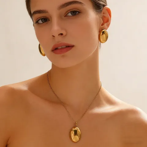 Set di Collana con Pendentif Ovale e Orecchini in Acciaio Inossidabile Placcato Oro 18K Set di Gioielli Geometrici a Cupola da Donna Festa