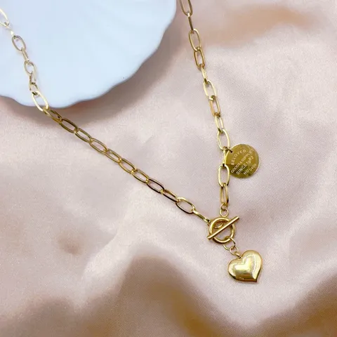 Collana Pendente Cuore Catena Spessa In Acciaio Inossidabile Per Donna Uomo Personalità Choker Fibbia OT Targhetta Rotonda Incisa Collane Hip Hop Gioielli Street Fashion