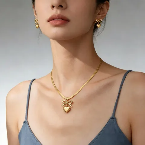 Moda Acciaio Inossidabile Fiocco Cuore Collana Orecchini Set Gioielli Chic Fiocco Choker Catena Serpente Per Donne Ragazza Regalo