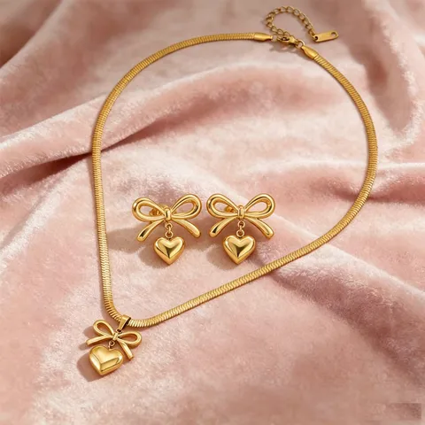 Moda Acciaio Inossidabile Fiocco Cuore Collana Orecchini Set Gioielli Chic Fiocco Choker Catena Serpente Per Donne Ragazza Regalo