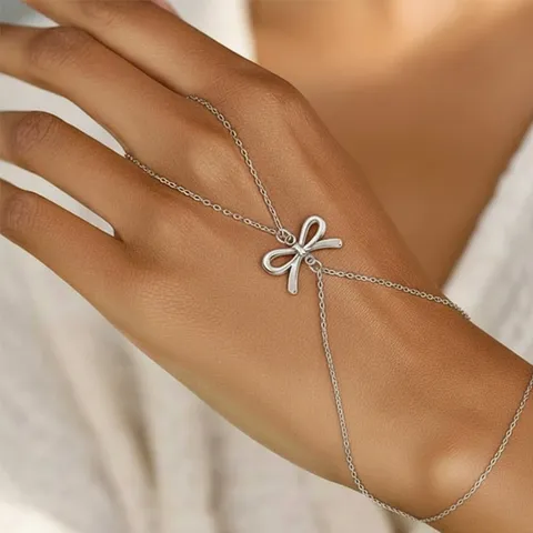 Bracciale Catena da Mano in Acciaio Inossidabile con Fiocco Dolce Oro Argento Placcato Anello Collegato per Donna Gioielli Quotidiani