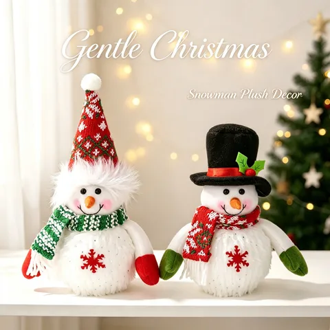 Christmas LED Lighted Snowman Plush Decor Handmade Fabric Knit Scarf Winter Snowman Table Ornament For Living Room Party Home Decoration