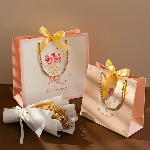 Bolsas de Regalo de Papel con Diseño Floral de Tulipán y Lazo Rosa Bolsas de Embalaje de Regalo para el Día del Maestro Fiesta Boda Cumpleaños