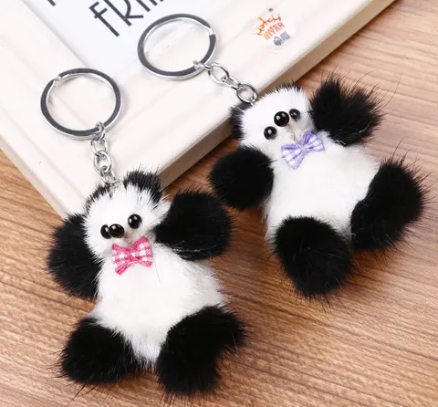 Lindo Llavero de Piel de Visón Panda Colgante de Bolso Peludo Blanco y Negro para Mujer Accesorio de Llavero de Coche