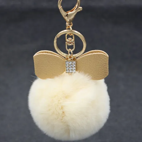 Faux Rex Rabbit Fur Ball Keychain Rhinestone Bowknot Bag Charm Women Car Keychain Accessories Alloy Rhinestone Pompom Bag Pendant