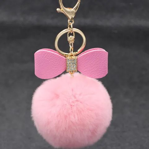 Faux Rex Rabbit Fur Ball Keychain Rhinestone Bowknot Bag Charm Women Car Keychain Accessories Alloy Rhinestone Pompom Bag Pendant