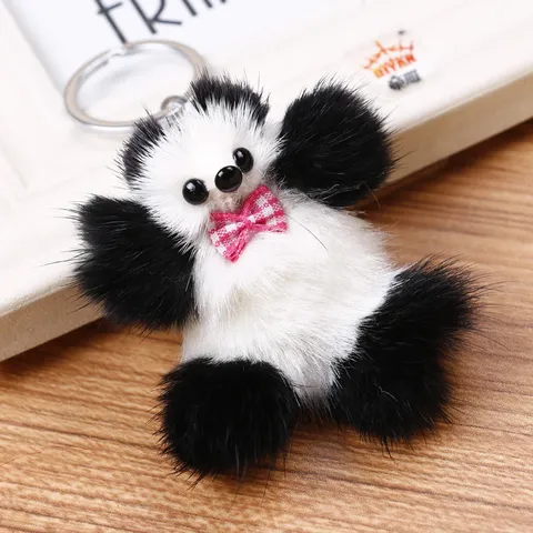 Lindo Llavero de Piel de Visón Panda Colgante de Bolso Peludo Blanco y Negro para Mujer Accesorio de Llavero de Coche