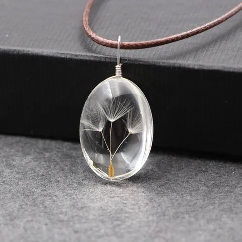 Handmade Transparent Glass Dandelion Necklace Nature Dried Flower Pendant Necklace With Brown Cord Gift For Women Jewelry