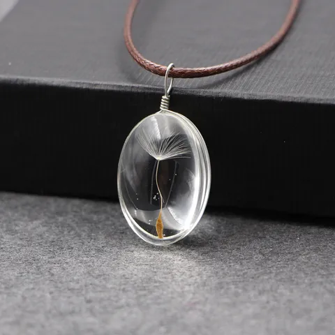 Handmade Transparent Glass Dandelion Necklace Nature Dried Flower Pendant Necklace With Brown Cord Gift For Women Jewelry