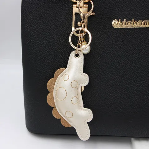 Cartoon Dinosaur Faux Leather Keychain Pendant For Backpack Purse Decoration Cute Animal Key Ring With Artificial Pearl Student Gift