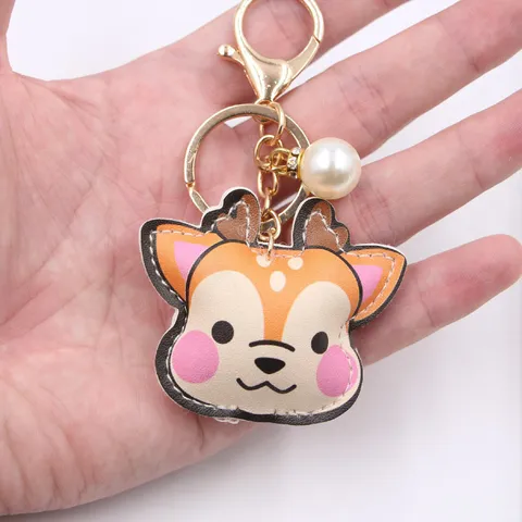 Cute Cartoon Deer Artificial Leather Keychain Pendant With Alloy Ring Faux Pearl Charm Pack Bag Ornaments Keyring For Women