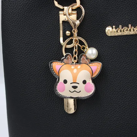 Cute Cartoon Deer Artificial Leather Keychain Pendant With Alloy Ring Faux Pearl Charm Pack Bag Ornaments Keyring For Women
