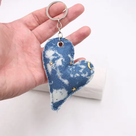 Denim Stoff Herz Schlüsselanhänger Gold Stern Mond Muster Kunstleder Legierung Schlüsselring Für Tasche Anhänger Damen DIY Zubehör