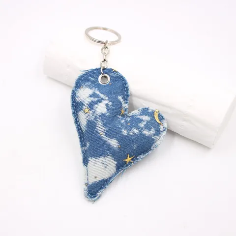 Denim Stoff Herz Schlüsselanhänger Gold Stern Mond Muster Kunstleder Legierung Schlüsselring Für Tasche Anhänger Damen DIY Zubehör