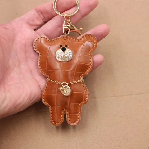 Fashion Crocodile Pattern Faux Leather Big Bear Keychain Rhinestone Crystal Accents Bag Charm Pendant Schoolbag Accessories Key Ring Gift