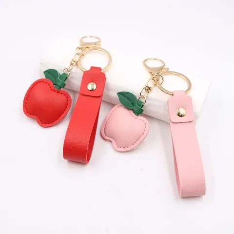Sweet Faux Leather Apple Shape Keychain Cute Fruit Bag Charm Pendant Luxury Car Key Ring Strap Accessories For Women Men Gift