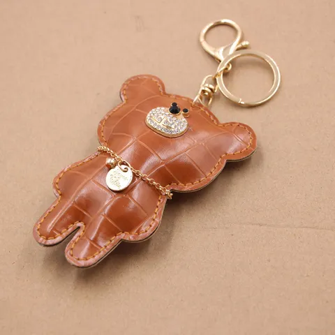 Fashion Crocodile Pattern Faux Leather Big Bear Keychain Rhinestone Crystal Accents Bag Charm Pendant Schoolbag Accessories Key Ring Gift