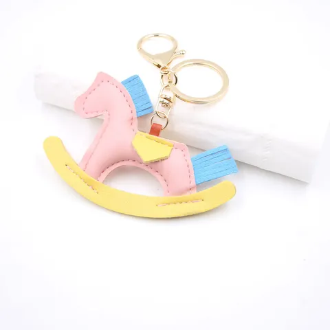 PU Leather Rocking Horse Keychain For Women Men Fashion Cute Pony 3D Cotton Filled Bag Pendant Car Key Ring Accessory