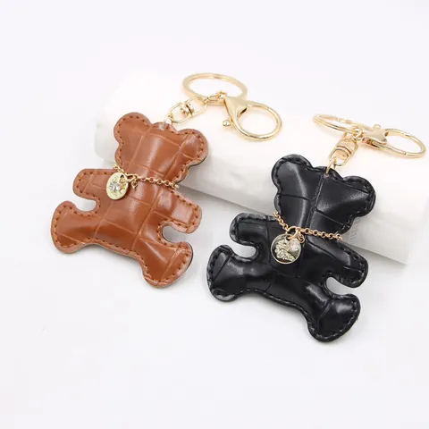 Crocodile Pattern Leather Bear Keychain Rhinestone Charm Fashion Animal Pendant For Bag Backpack Car Accessories Key Ring Gift