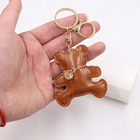 Crocodile Pattern Leather Bear Keychain Rhinestone Charm Fashion Animal Pendant For Bag Backpack Car Accessories Key Ring Gift