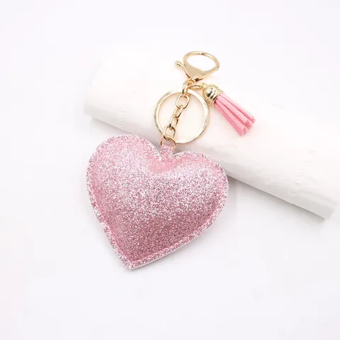 Roze Glitter Hart Sleutelhanger Leer Kwastje Hanger Hartvormige Auto Sleutelring Tas Charm Hangen Accessoire Voor Vrouwen Cadeau