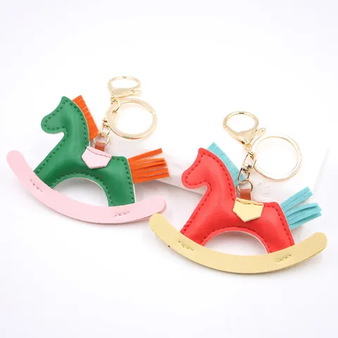 Faux Leather Rocking Horse Keychain Sweet Animal Bag Charm Alloy Electroplated Pony Pendant Car Key Ring Decoration For Women