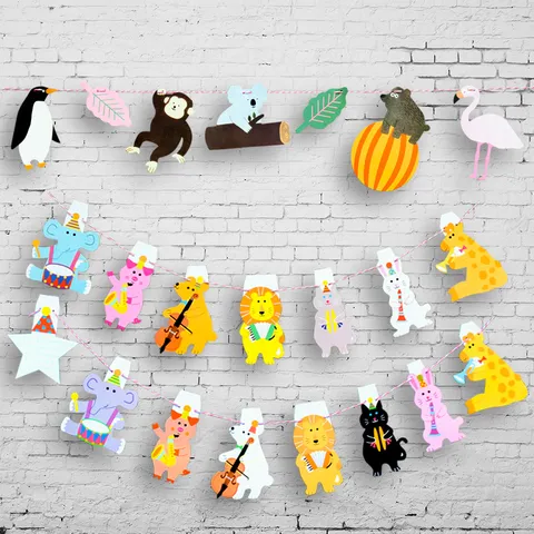 Cartoon Tropical Rainforest Animal Party Banner Garland Paper Pennants For Children Classroom Birthday Decoration
