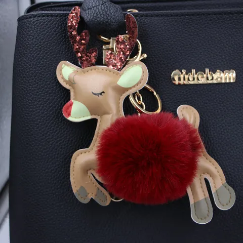 Portachiavi con Pompon di Peluche Renna di Natale Ciondolo Borsa Simpatico Cervo in Pelle Ciondolo per Vacanze Capodanno Festa Regalo Accessori