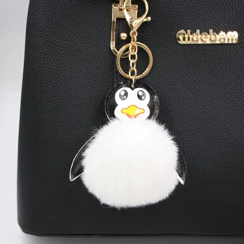 Portachiavi con Palla di Peluche a Forma di Pinguino Simpatico Ciondolo da Borsa in Pelliccia Artificiale in Pelle Patchwork
