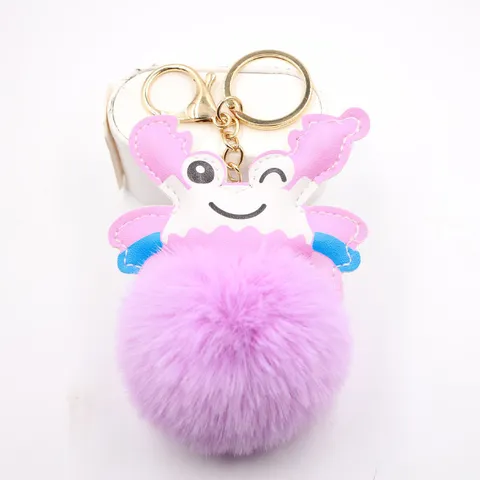 Cute Crab Plush Ball Keychain For Women Faux Fur Leather Alloy Metal Key Ring Bag Pendant Accessory Car Key Holder