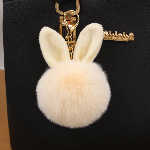Cute Rabbit Ears Artificial Fur Pom Pom Keychain Soft Plush Ball Key Ring For Bag Backpack Charm Women Girls Key Holder