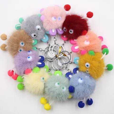 Cute Plush Rabbit Keychain Faux Fur Pom Pom Bag Charm Ugly Quirky Big Eyes Fairy Pendant Alloy Key Ring Accessories