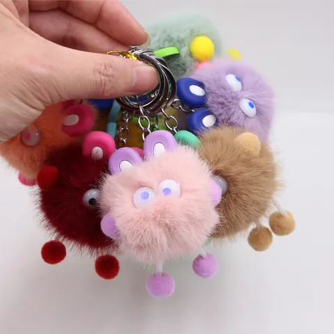 Cute Plush Rabbit Keychain Faux Fur Pom Pom Bag Charm Ugly Quirky Big Eyes Fairy Pendant Alloy Key Ring Accessories