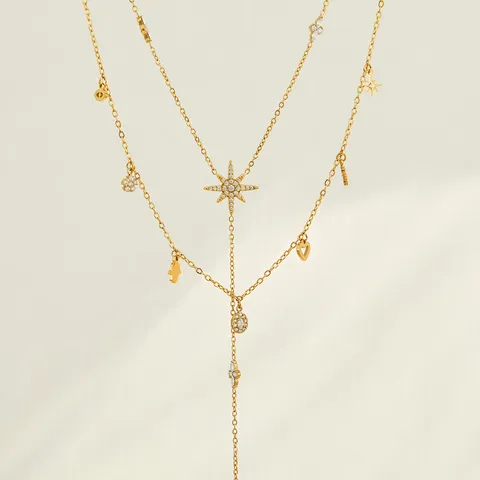 316 Edelstahl Vergoldet Achtzackiger Stern Y-Halskette Multi-Element Hamsa Hand Böser Blick Anhänger Kette Für Damen