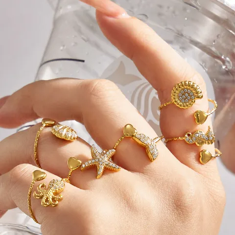 Edelstahl Ozean Zirkonia Verstellbar Offener Ring Für Damen 18K Vergoldet Seestern Seepferdchen Muschel Meerjungfrauenschwanz Ring Schmuck