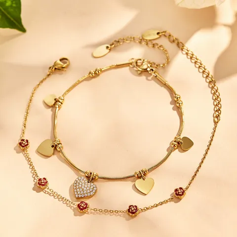 Pulsera con Dije de Corazón y Rosa de Acero Inoxidable Chapado en Oro de 18K para Mujer Joyería de Moda Regalo