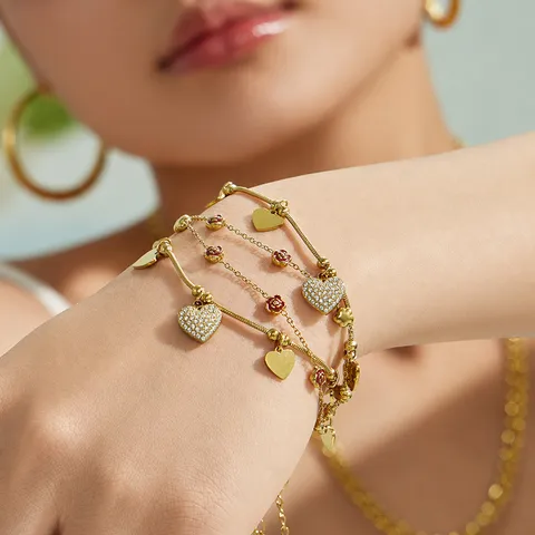Pulsera con Dije de Corazón y Rosa de Acero Inoxidable Chapado en Oro de 18K para Mujer Joyería de Moda Regalo