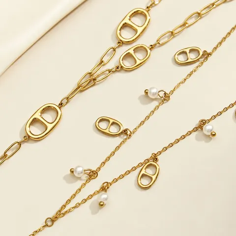 Edelstahl Y Halskette Vergoldet Hohl Oval Schweinenase Gliederkette Künstliche Perle Tropfen Halskette Für Damen Schmuck