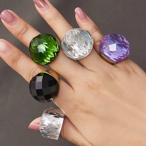 Übertriebener Edelstahl Ring Für Damen Vergoldet Geometrischer Geschliffener Glasstein Chunky Fingerring Party Modeschmuck