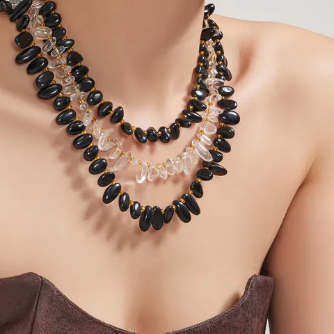 Nischenluxus Edelstahl Naturstein Kette Unregelmäßige Handgefertigte Perlen Schwarz Weiß Geometrische Choker Choker-Kette Für Party Damen