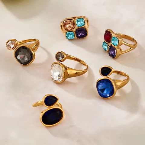 Nischendesign Leichter Luxus Edelstahl 18K Vergoldet Farbige Strass Offene Ringe Für Damen Mode Schmuck Geometrischer Fingerring