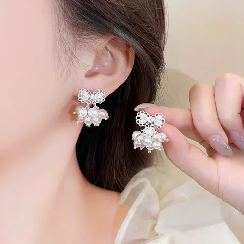 Französische Vintage Künstliche Perle Quaste Creolen Imitation Tigerauge Stein Strass Ohrringe Für Elegante Damen Leichte Luxus Party Schmuck